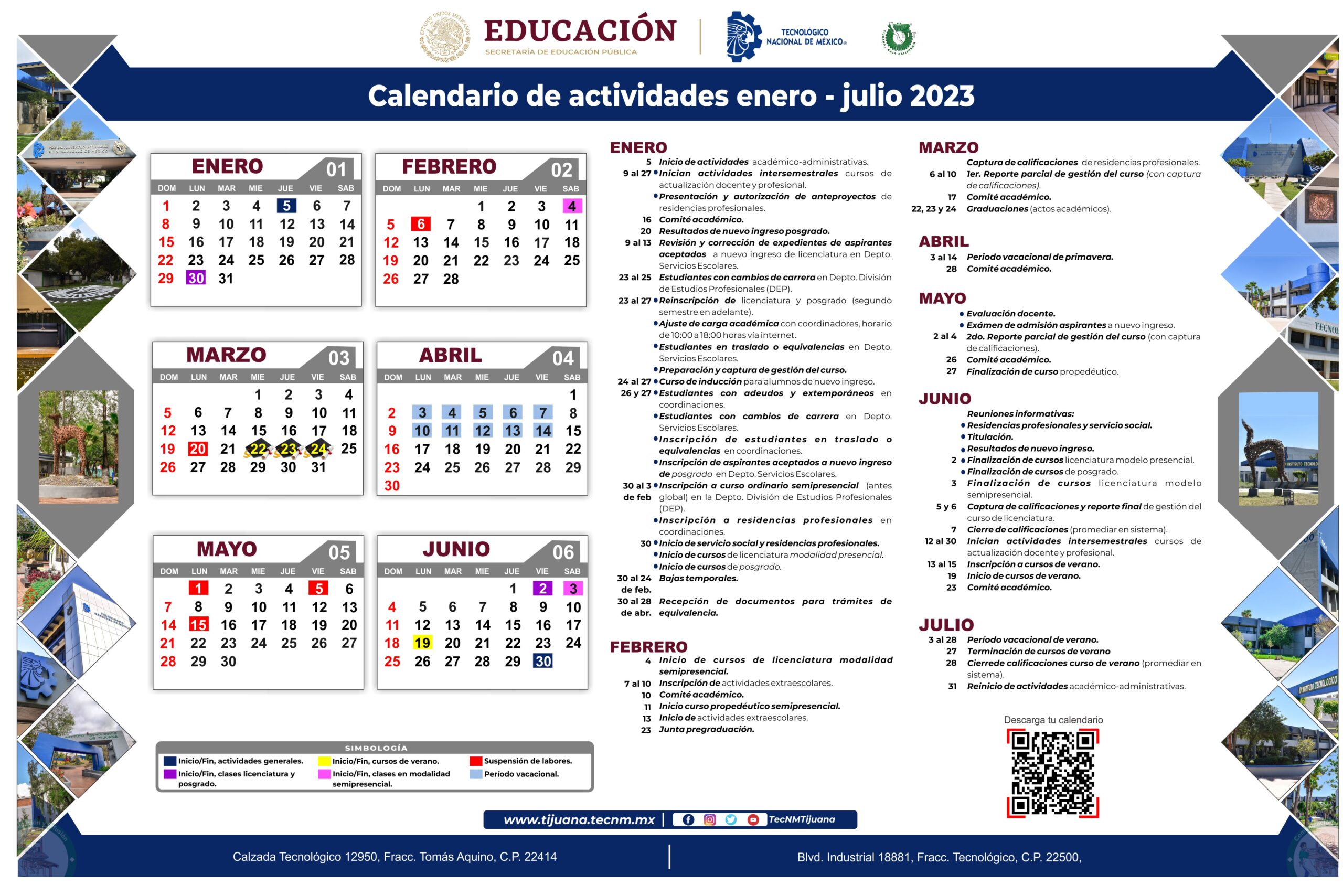 Calendario de Actividades Academicas enero julio 2023 Tecnológico